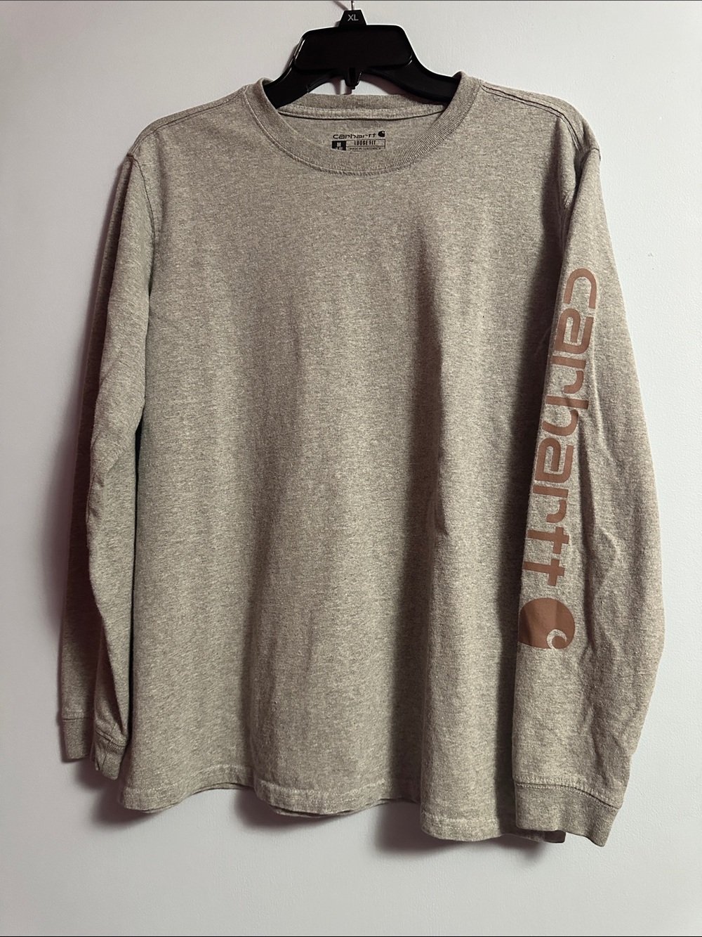 Carhartt Heather Gray Long Sleeve Tee with Brown Sleeve Logo